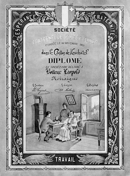 Certificat Société fraternelle de prévoyance, Neuchâtel, Ende 19. Jahrhundert.