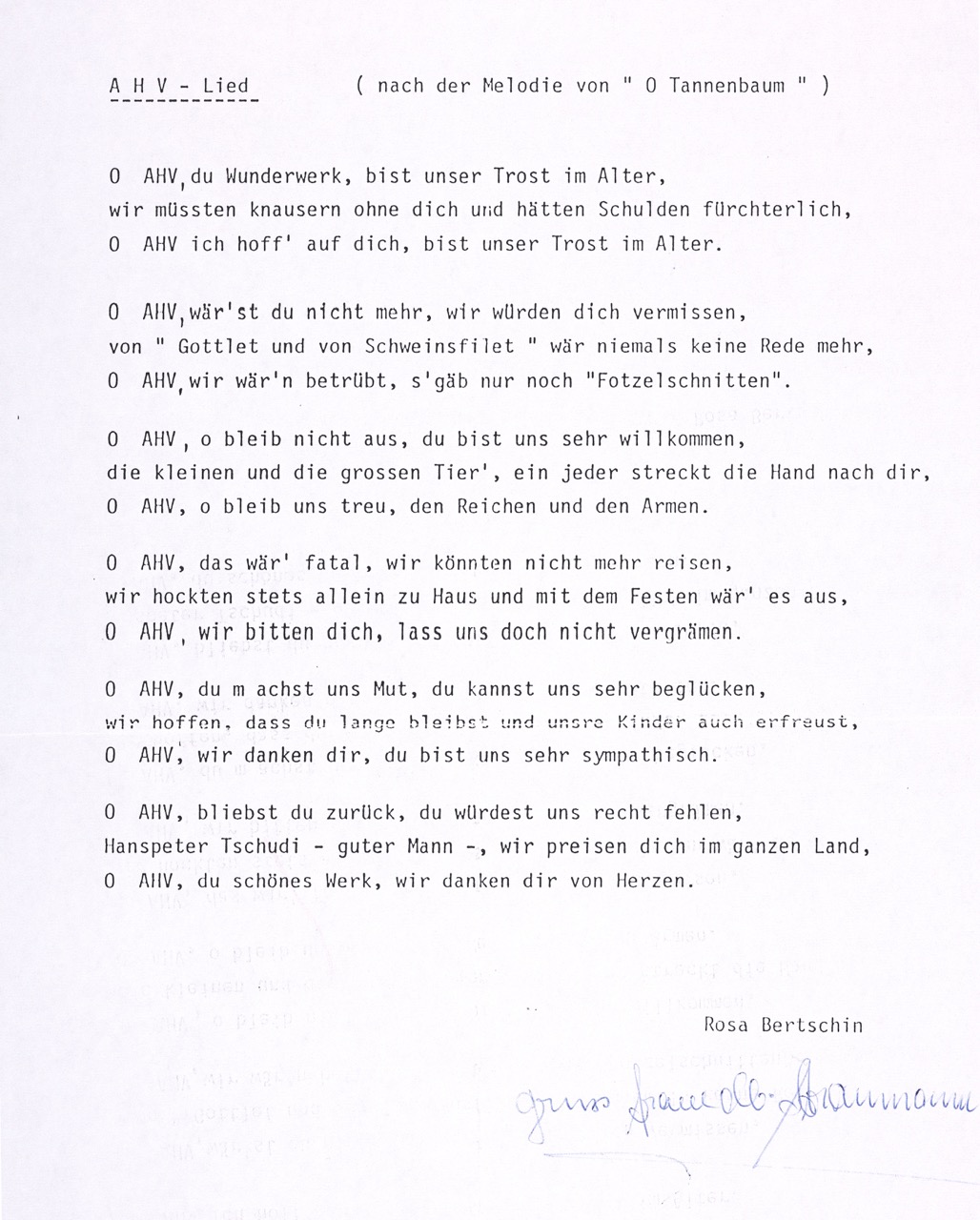 Rosa Bertschin, AHV song. Source: Basel Stadt Cantonal Archives: StABS, PA 1098a D 1-4-1 (2).
