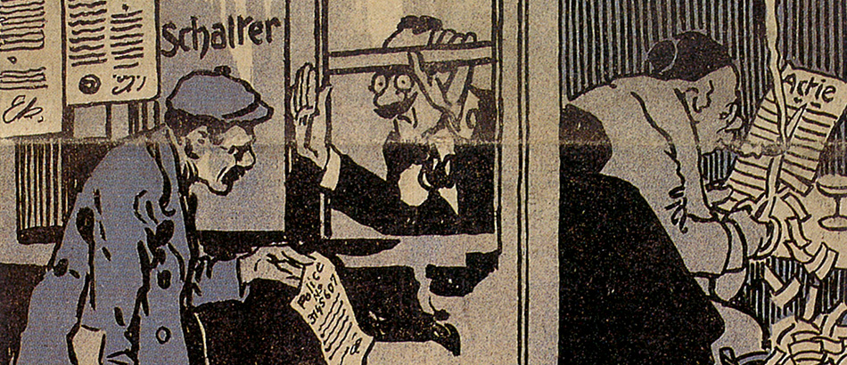 Karikatur der "Haftung" der Arbeitgeber, Der neue Postilion, 2. Februar 1912, 75 Jahre SUVA, Luzern 1993.