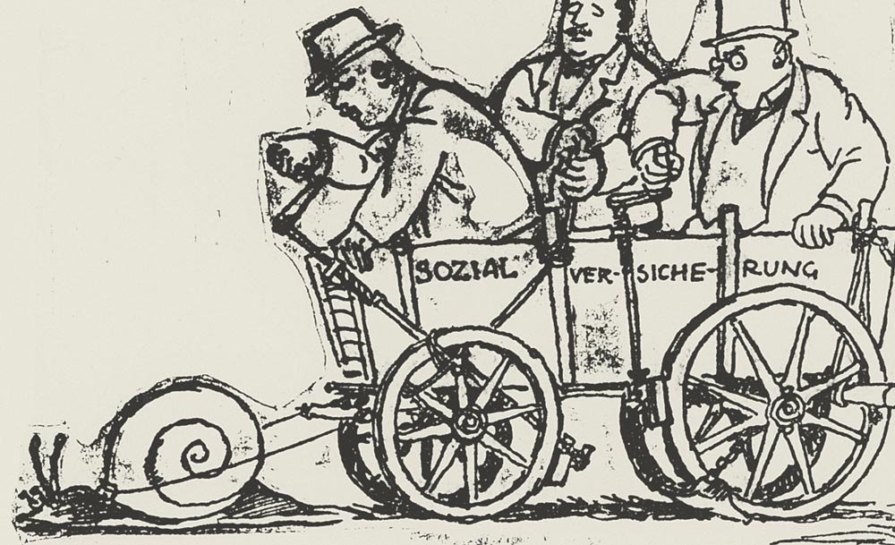 Karrikatur mit Wagen und Schnecke, der das langsame Vorankommen der Sozialversicherung in der Schweiz symbolisiert, Sozialarchiv Zürich