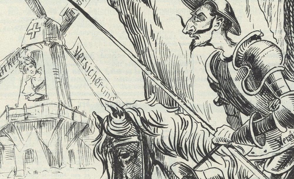 Karrikatur mit Don Quichote, der gegen die Sozialversicherung kämpft, Nebelspalter, 13. Januar 1900. Nutzung genehmigt durch den Nebelspalter, Horn.