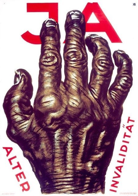 Plakat (1925) von Karl Bickel zur Eidgenössischen Volksabstimmung über die Initiative Rothenberger betr. Invaliditäts-, Alters- und Hinterbliebenen-Versicherung, 23/24. Mai 1925. Produziert für den Schweizerischen Verband des Personals Öffentlicher Dienste, in: Graphische Sammlung Bern, Signatur: SNL_POL_77