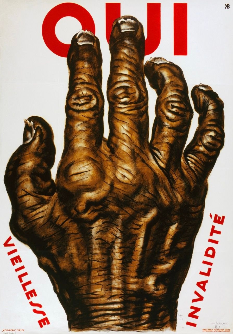 Plakat (1925) von Karl Bickel zur Eidgenössischen Volksabstimmung über die Initiative Rothenberger betr. Invaliditäts-, Alters- und Hinterbliebenen-Versicherung, 23/24. Mai 1925. Produziert für den Schweizerischen Verband des Personals Öffentlicher Dienste, in: Graphische Sammlung Bern, Signatur: SNL_POL_77