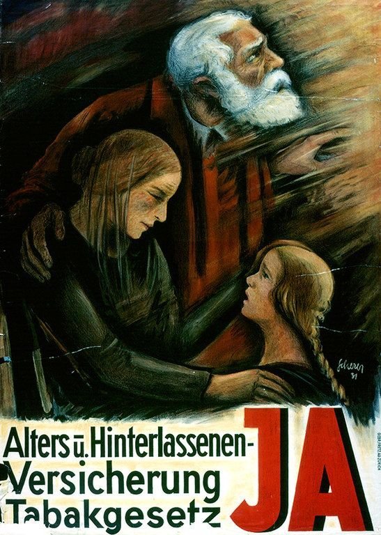 Abstimmungsplakat von Carl Scherrer mit altem Paar und Kind für die Einführung der AHV vom 6. Dezember 1931, Sozialarchiv Zürich, Signatur: pe-0246
