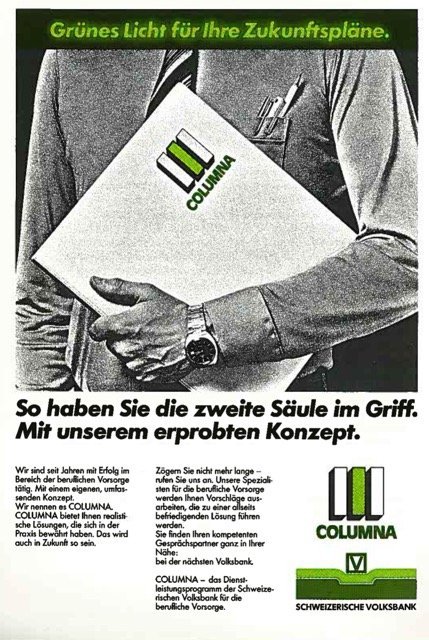 Werbung der Schweizerischen Volksbank, 1983. ISSA (1983) Sozialversicherung in Frage: Zurück zu den Wurzeln – helvetische Solidarität – zwischen Gut und Besser (21. Generalversammlung der IVSS; Genf, 3.–13. Oktober)