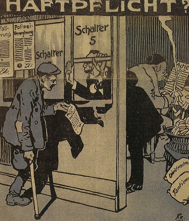 Karikatur zur ‚zivilrechtlichen Haftung‘ der Arbeitgeber, Der neue Postillon, 2. Februar 1912, 75 Jahre SUVA, Luzern 1993.