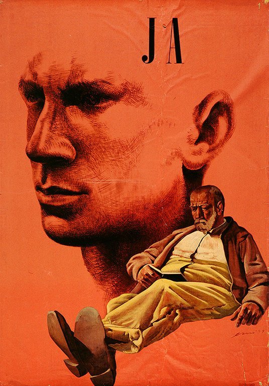 Abstimmungsplakat von Hans Erni für die AHV–Abstimmung vom 6. Juli 1947, Nachweis: Gewerkschaft Unia