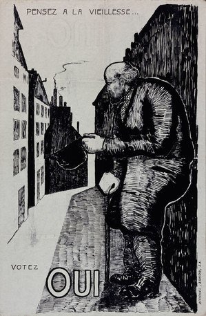 Plakat “Pensez à la vieillesse… votez oui”, 1925. Quellennachweis: Museum für Gestaltung Zürich. Archiv Zürcher Hochschule der Künste.