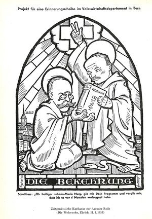 Karikatur von Bundesrat Edmund Schulthess. Quellennachweis: Böschenstein, Bundesrat Edmund Schulthess. Krieg und Krisen, Bern 1966.