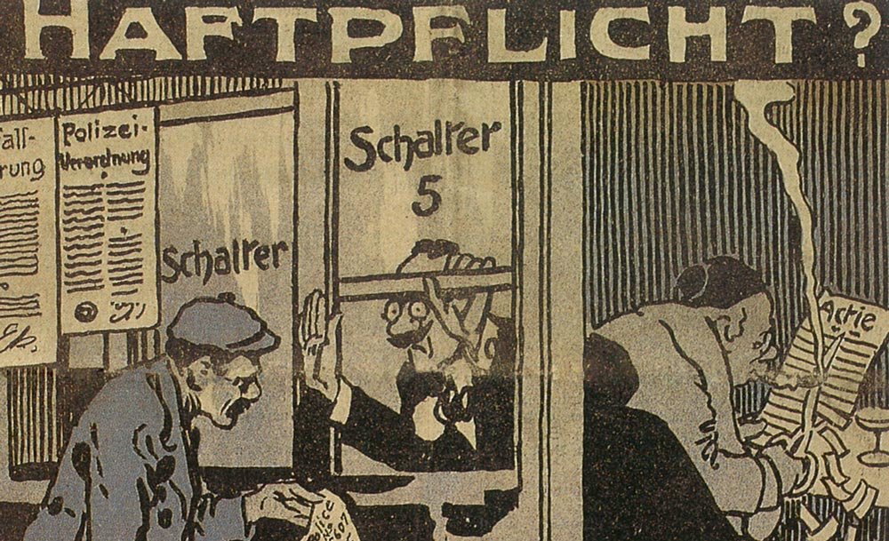 Karikatur zur ‚zivilrechtlichen Haftung‘ der Arbeitgeber, Der neue Postillon, 2. Februar 1912, 75 Jahre SUVA, Luzern 1993.