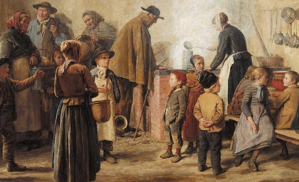 Albert Anker, Die Armensuppe in Ins II, 1893, Öl auf Leinwand, 85 x 137 cm. Quellennachweis: Kunstmuseum Bern, Staat Bern.