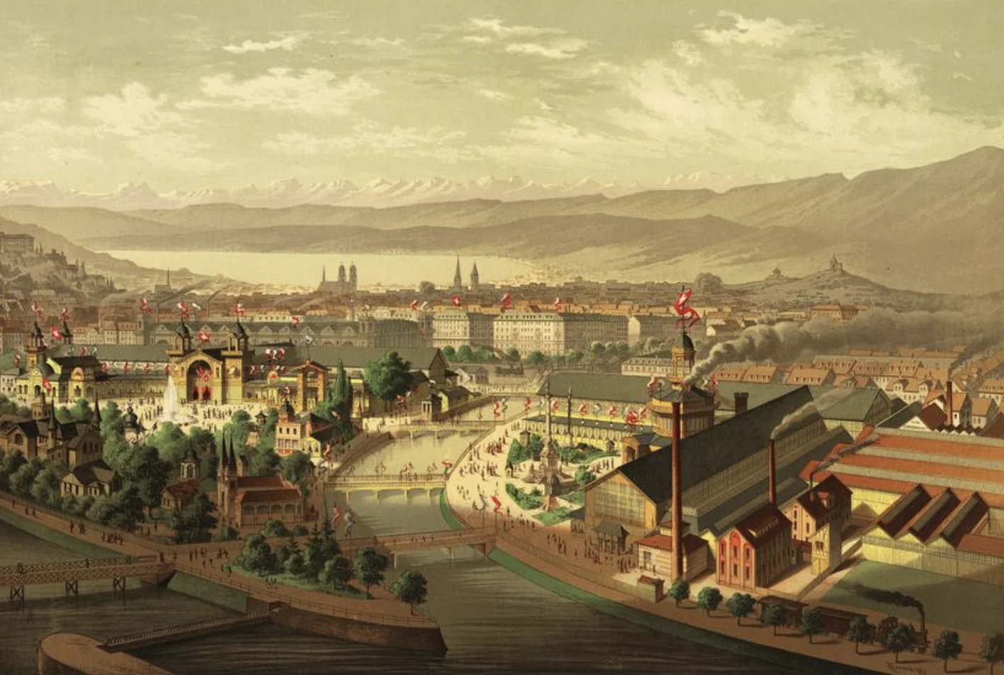 Gedenkblatt zur Landesausstellung 1883. Gedruckt in der Arbeitsgalerie der Lithographen-Genossenschaft Aussersihl, gezeichnet von Ernst Conrad (Zentralbibliothek Zürich, Graphische Sammlung und Fotoarchiv).