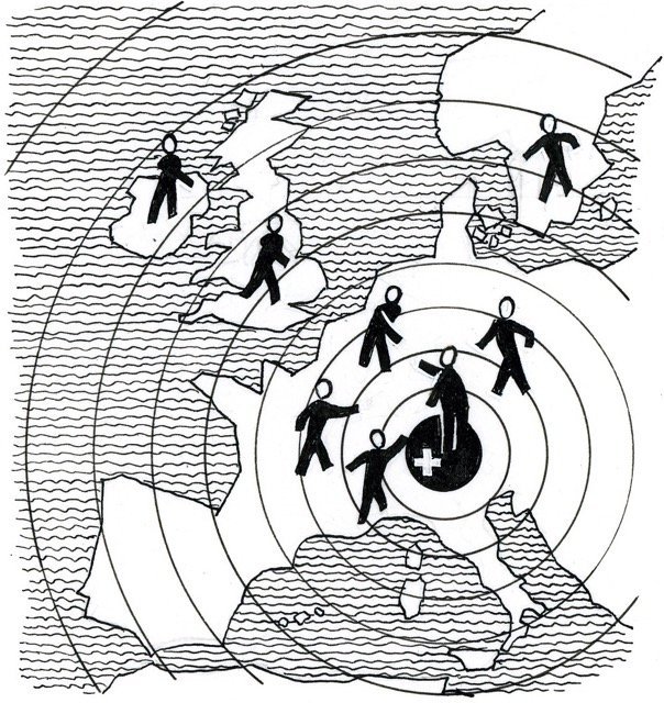 Zeichnung/Karikatur: Die Schweiz im Zentrum Europas. Quellennachweis: Schweizerisches Sozialarchiv Zürich, F 5030-Za-0083.