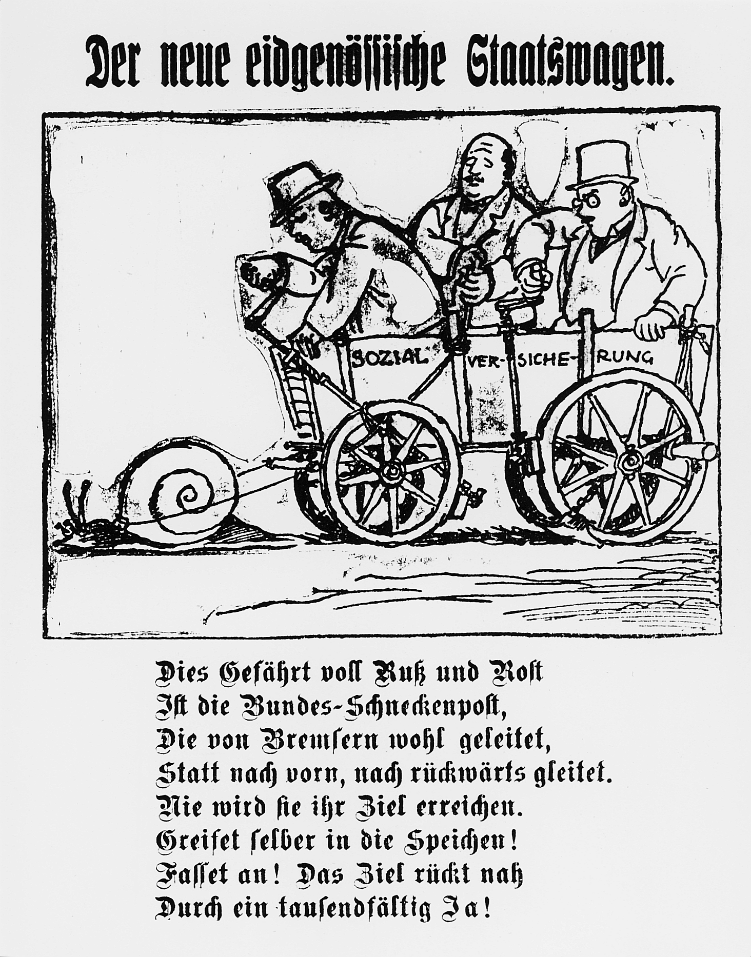 Schweizerisches Sozialarchiv: Der neue eidgenössische Staatswagen (Sozialversicherung), vermutlich um 1947. Urheber:in unbekannt, Signatur F Pa-0002-020