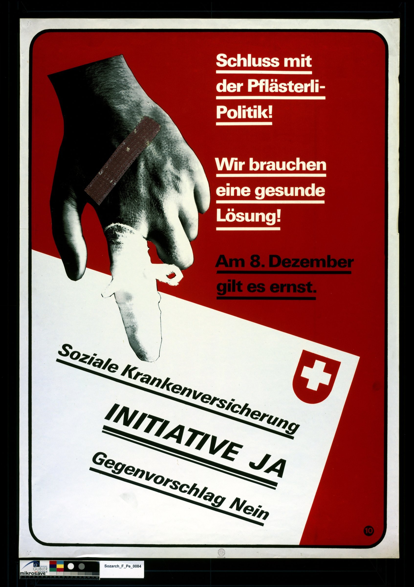 Abstimmungsplakat für die Einführung der obligatorischen Krankenversicherung von 1974, Schweizerisches Sozialarchiv, Zürich.