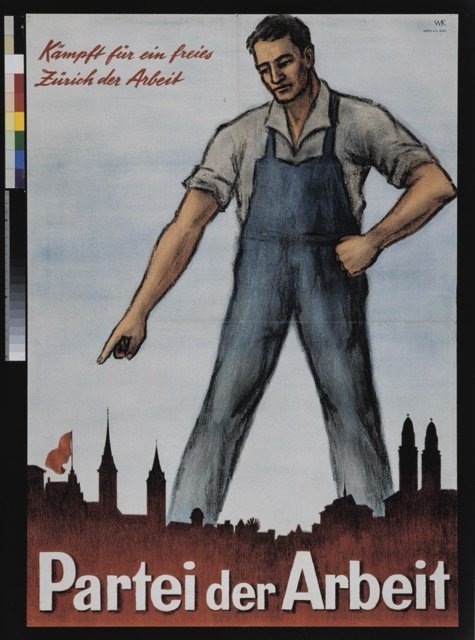 "Kampf für ein freies Zürich der Arbeit - Partei der Arbeit" - Zeichnung: Überdimensionaler Arbeiter steht über der roten Silhouette Zürichs und zeigt auf eine rote Flagge, 1946. Quellennachweis: Schweizerisches Sozialarchiv Zürich, F Pe-0614.