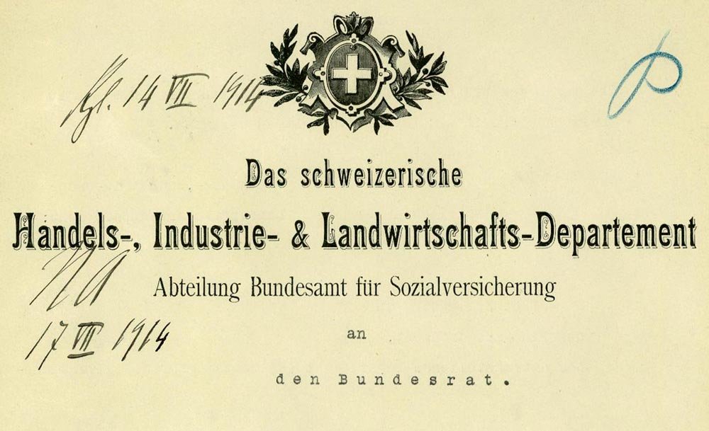 Antrag an den Bundesrat von 1914 betreffend Überstunden im Bundesamt für Sozialversicherungen.