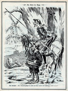 Karrikatur mit Don Quichote, der gegen die Sozialversicherung kämpft.
