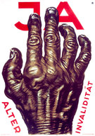 Abstimmungsplakat mit grosser Hand für die Einführung der AHV, 1925.